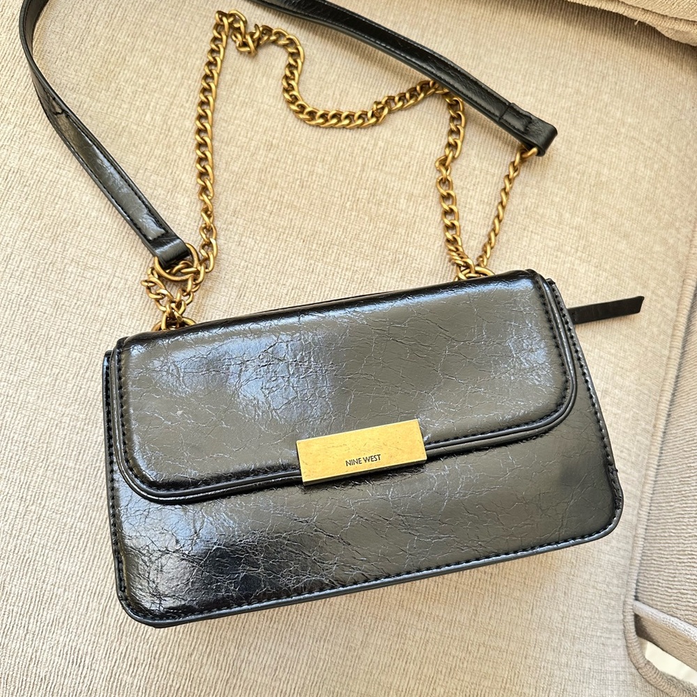 Nine West Glossy Black Crossbody Bag with Gold Chain